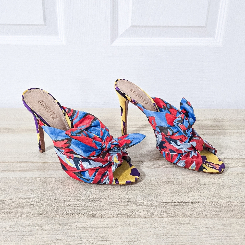 Schutz X Adriana Lima Floral Satin Twist Knot Mule Sandals Size 8 - Picture 10 of 10